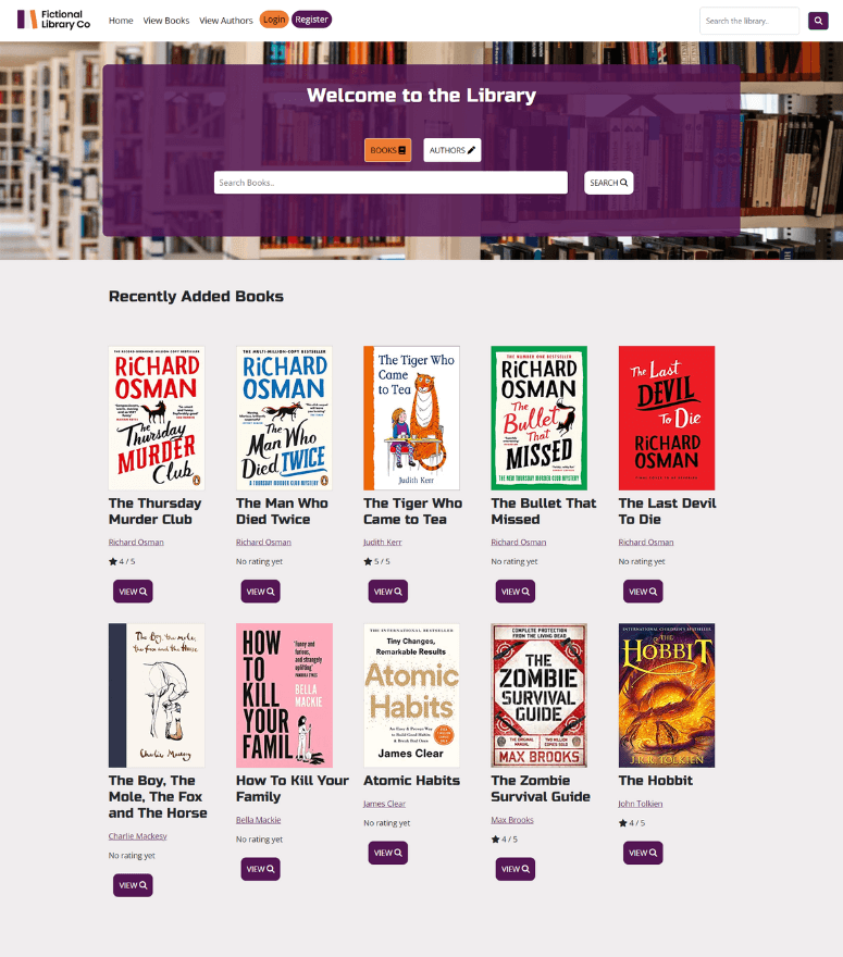 Fictional library co website homepage